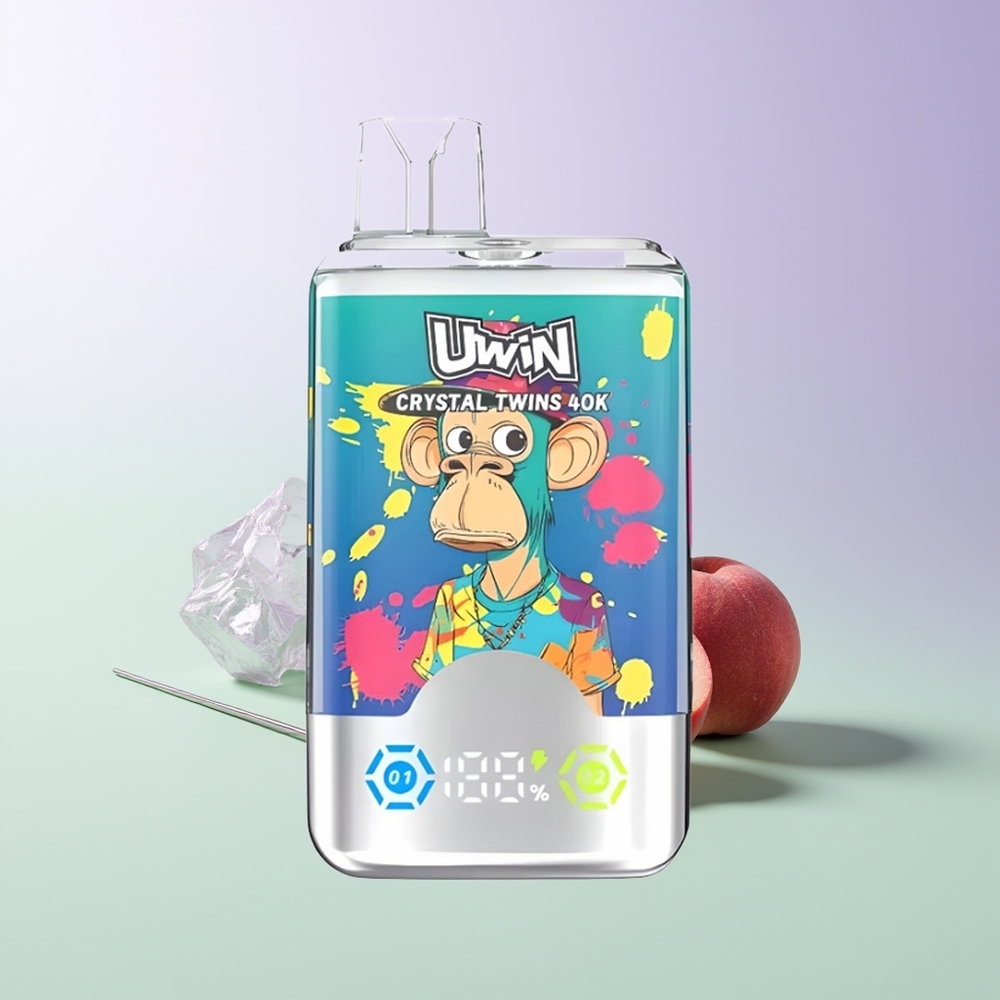 Uwin Crystal Twins 40000 Puffs Dvynių Skoniai – Mėlynųjų Uogų Ledas ir Skaidriosios Persikų Ledas